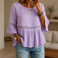 Alina™ Bluse aus Baumwoll-Leinen mit Zarter Spitze und Ausgestellten Ärmeln - Lila