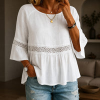 Alina™ Bluse aus Baumwoll-Leinen mit Zarter Spitze und Ausgestellten Ärmeln - Weiß