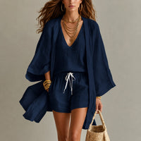 Alena™ Set aus Visco-Leinen mit Leichtem Kimono - Marineblau