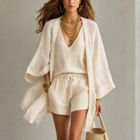 Alena™ Set aus Visco-Leinen mit Leichtem Kimono - Creme