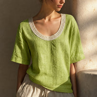Bluse Alma™ mit Leinen-Baumwoll-Mix und Häkel-Ausschnitt - Grün