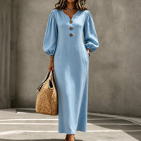Kleid Johanna™ aus Baumwollleinen mit V-Ausschnitt und Puffärmeln - Blau