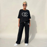 Urban Eleganz™ Zweiteileraus Comfort-Maschenware mit eleganten Kristalldetails - Schwarz