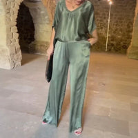 Marevielle™ Set Aus Satinartigem Stoff Mit Lockerer Bluse und Fließender Pantalonhose - Moosgrün