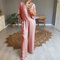 Marevielle™ Set Aus Satinartigem Stoff Mit Lockerer Bluse und Fließender Pantalonhose - Rosa