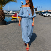 Bellamare™ Jumpsuit Mit Schulterfreiem Ausschnitt Und Verstellbarer Taille - Blau