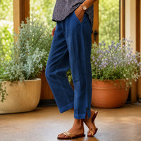 Sylvie™ Hose aus Baumwoll-Leinen mit Seitlichem Schlitz am Saum - Blau