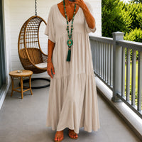 Liorenna™ Kleid aus Baumwoll-Leinen mit Lockerer Passform und V-Ausschnitt - Beige
