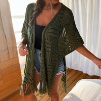 Calivie™ Cardigan Aus Lochstrick Mit Fransen Und Handwerklicher Struktur - Grün