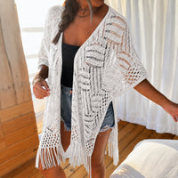 Calivie™ Cardigan Aus Lochstrick Mit Fransen Und Handwerklicher Struktur - Weiß