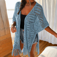 Calivie™ Cardigan Aus Lochstrick Mit Fransen Und Handwerklicher Struktur - Hellblau