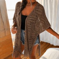 Calivie™ Cardigan Aus Lochstrick Mit Fransen Und Handwerklicher Struktur - Braun