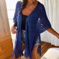 Calivie™ Cardigan Aus Lochstrick Mit Fransen Und Handwerklicher Struktur - Blau
