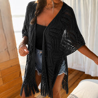 Calivie™ Cardigan Aus Lochstrick Mit Fransen Und Handwerklicher Struktur - Schwarz