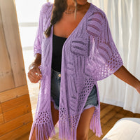 Calivie™ Cardigan Aus Lochstrick Mit Fransen Und Handwerklicher Struktur - Lila
