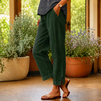 Sylvie™ Hose aus Baumwoll-Leinen mit Seitlichem Schlitz am Saum - Grün