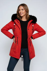 Damen Winterparka mit Kapuze, Taschen und Tunnelzug - Rot