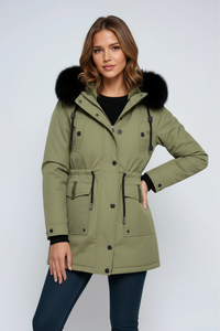 Damen Winterparka mit Kapuze, Taschen und Tunnelzug - Salbeigrün