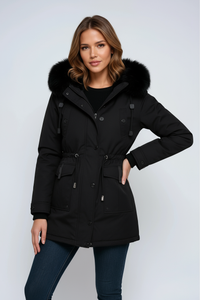 Damen Winterparka mit Kapuze, Taschen und Tunnelzug - Schwarz
