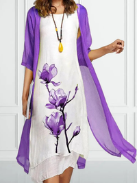 Johanna | Damen Lagenlook Ärmelloses Chiffon Cardigan Set Midikleid - Lila