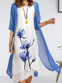 Johanna | Damen Lagenlook Ärmelloses Chiffon Cardigan Set Midikleid - Blau