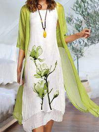 Johanna | Damen Lagenlook Ärmelloses Chiffon Cardigan Set Midikleid - Hellgrün