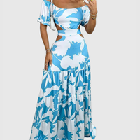 Xiomara | Damen Maxi-Kleid mit kurzen Ärmeln und Ausschnitt - Hellblau