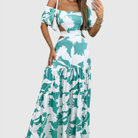 Xiomara | Damen Maxi-Kleid mit kurzen Ärmeln und Ausschnitt - Türkis