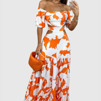 Xiomara | Damen Maxi-Kleid mit kurzen Ärmeln und Ausschnitt - Orange