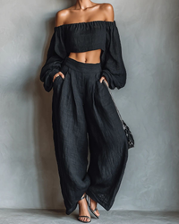 Tess | Damen Off-Shoulder Set mit Weiter Hose – Schulterfreies Weites Set - Schwarz