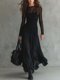 Neroa | Damen Schwarzes Lockeres Tüll Maxikleid – Schwarz Tüll Maxi Locker - Schwarz