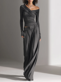 Nicole | Damen Anthrazit Off-Shoulder Top & Weites Bein Hose Set – Off-Shoulder Set - Anthrazitgrau