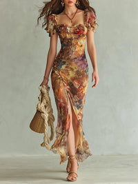 Viola | Damen Oranges Langes Chiffon Kleid Boho Ölgemälde Print – Boho Ölgemälde Maxi - Orange