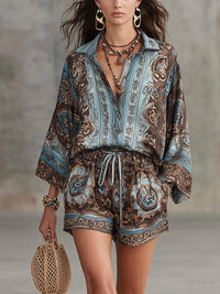 Carlotta | Hemd & Shorts-Set mit Barockdruck - Blau/Braun