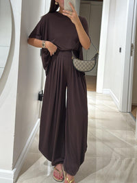 Agnes | Damen Hellgrau Casual Top & Weite Hose Set – Hellgrau Palazzo Set - Brown