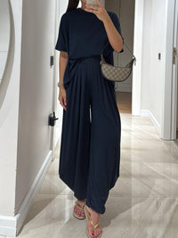 Agnes | Damen Hellgrau Casual Top & Weite Hose Set – Hellgrau Palazzo Set - Navy