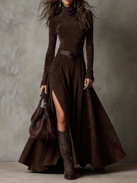 Anna | Damen Dunkelbraunes Kunstwildleder Rollkragen Maxikleid Seitenschlitz – Maxi Rollkragen - Dunkelbraun