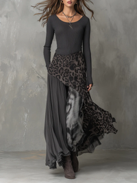Johanna | Damen Leopardenmuster Lässiges Maxikleid - Dunkelgrau