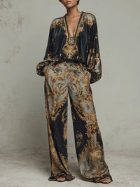 Waltraud | Damen Barock Ornament Blumendruck Top & Weite Hose Anzug – Barock Floral Set - Schwarz