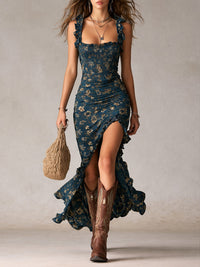 Bonnie | Florales Maxikleid mit Rüschenärmeln - Marineblau