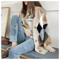 Damen Cardigan mit Karomuster und V-Ausschnitt - Khaki