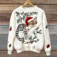 Elisabetta – Plüschpullover Mit Fauler Katze - Weiß