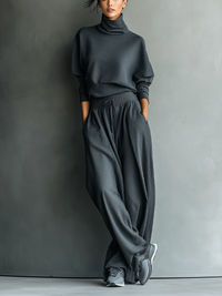 Nora | Damen Anthrazit Strick Set Stehkragen Weite Hose – Anthrazit Strick Set - Anthrazit