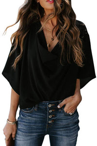 Lena | Damen Chiffon-Bluse Kurzarm Drapierung Twist-Detail - Schwarz