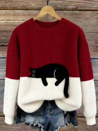 Damen Oversized Pullover mit Farbblockdesign und Katzenmotiv - Rot