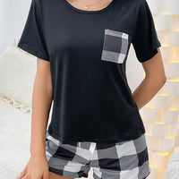 Sommer Damen-Pyjama mit Karomuster im lässigen Stil - Set aus T-Shirt und Shorts für zu Hause - Weiß
