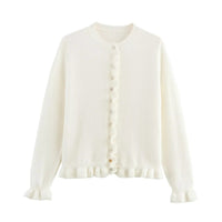 Rüschen Frauen Cardigan mit Knöpfen, Schickes Schichted Oberteil - Weiß