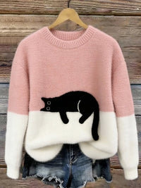 Damen Oversized Pullover mit Farbblockdesign und Katzenmotiv - Rosa