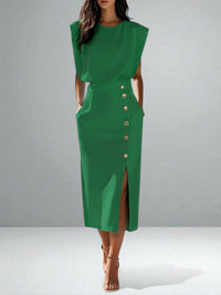 Noemi | Damen Knopf Midikleid – Elegantes Knopfleiste Midi Kleid - Green