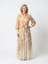 Adelheid | Damen Blumen Maxikleid mit Langarm - Gelb